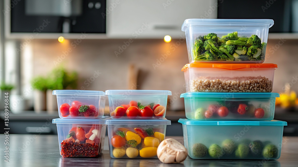 Digital photography of a stack of plastic containers with healthy food in a modern kitchen at home, stock photo, with a bokeh background. Digital photography of a stack of plastic containers with healthy food in a modern kitchen at home, stock photo, with a bokeh background.