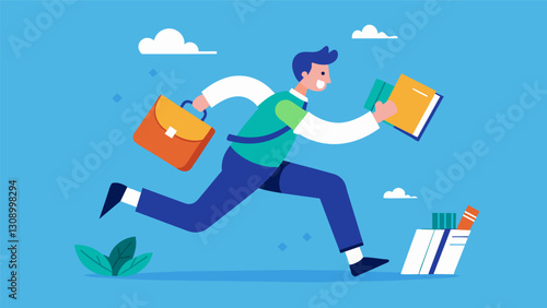 An illustration of a person running with textbooks and a briefcase flying out from behind them as they chase after their next shift at work.. Vector illustration