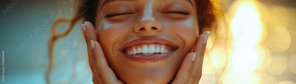 Fototapeta premium Smiling woman with glowing skin enjoying moment of happiness outdoors