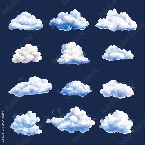 Watercolor Cloud Collection on Dark Blue Sky Background