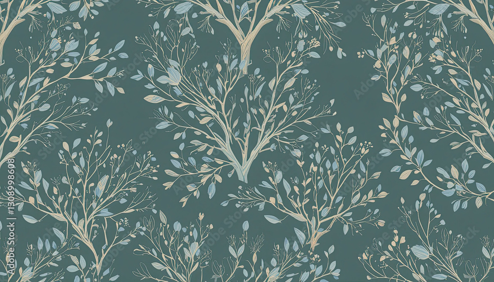 Fototapeta premium Elegant Botanical Pattern, Seamless Floral Tree Branches, Nature-Inspired Decorative Design, Vintage Aesthetic, Modern Digital Art with Delicate Leaf Details
