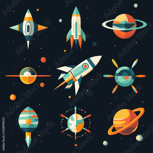 Colorful Space Illustration: Rockets, Planets, and Spacecrafts Design.