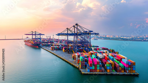 Aerial View Of A Busy Shipping Port With Colorful Containers Under A Dramatic Sunset Sky