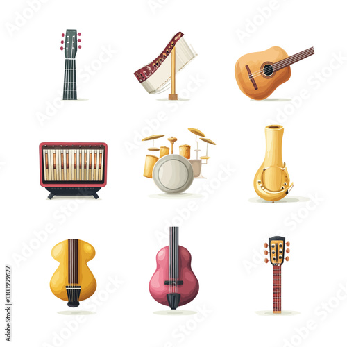 Illustration of Musical Instruments: Guitar, Drums, and More