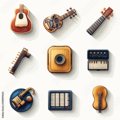 Nine Musical Instruments Set on a White Background, Flat Design