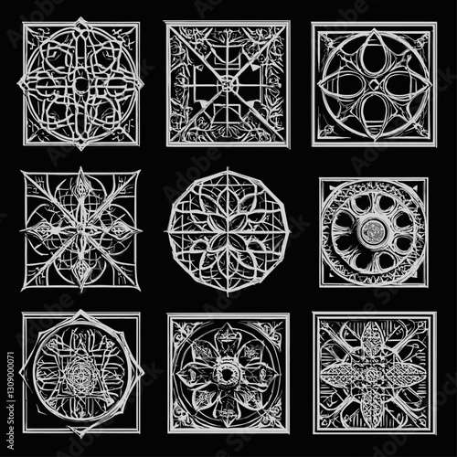 Ornate Geometric Pattern Design Elements in White on Black Background