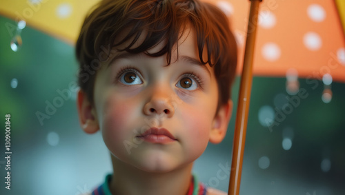 Boy under an umbrella walking in the rain against a backdrop of a cityscape