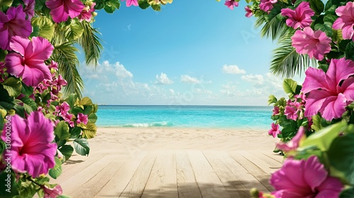 Wallpaper Mural Vibrant Pink Hibiscus Flowers Frame Tropical Beach Scene Torontodigital.ca