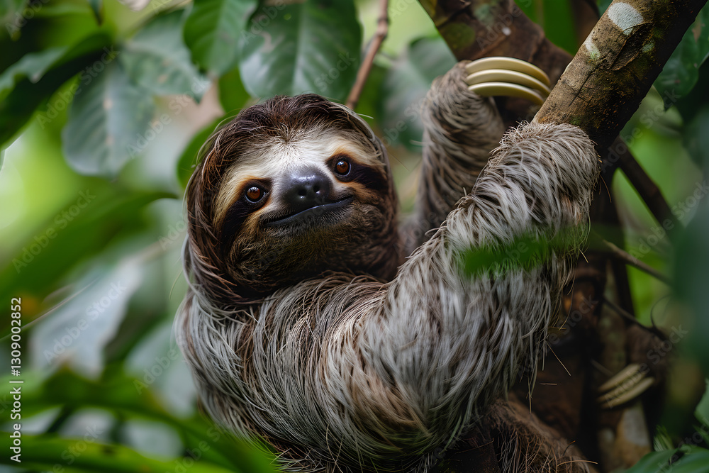 Fototapeta premium Captivating Portrayal of a Sloth Hanging Idly in its Lush Rainforest Habitat