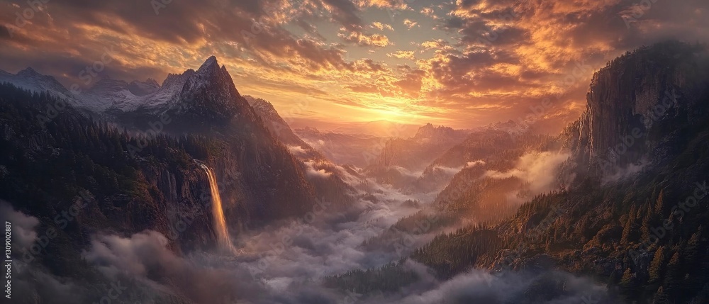 Fototapeta premium A breathtaking sunrise over Yosemite National Park, where the iconic El Capitan and Half Dome stand
