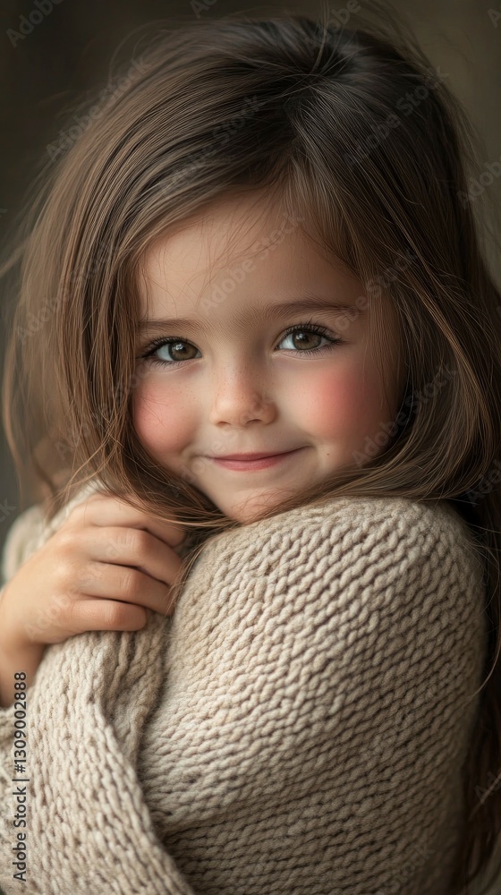A cute little girl with bouffant hair poses in front of the camera in a warm sweater in a home environment A cute little girl with bouffant hair poses in front of the camera in a warm sweater in a home environment