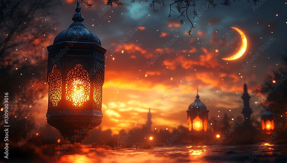 Ornate Lanterns and Crescent Moon Against a Vibrant Twilight Sunset Sky Ornate Lanterns and Crescent Moon Against a Vibrant Twilight Sunset Sky