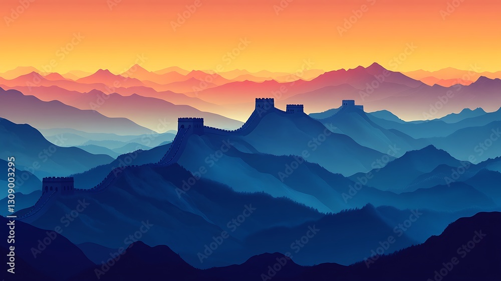 Fototapeta premium A bold and simple silhouette of the Great Wall of China, framed by a vast landscape of distant mountains, with a smooth gradient sky transitioning from deep blue to warm orange as the sun rises.
