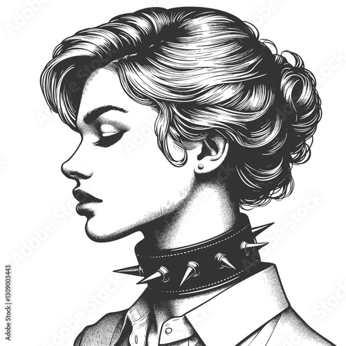 rebellious punk fashion model woman with short, edgy hair, a spiked choker, and a leather jacket, alternative style sketch engraving generative ai vector illustration. Scratch board. Black and white.