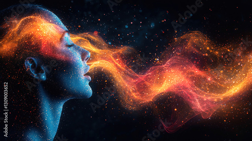 Woman exhaling vibrant colors and cosmic energy in a surreal artistic representation of dreams and imagination. Generative AI