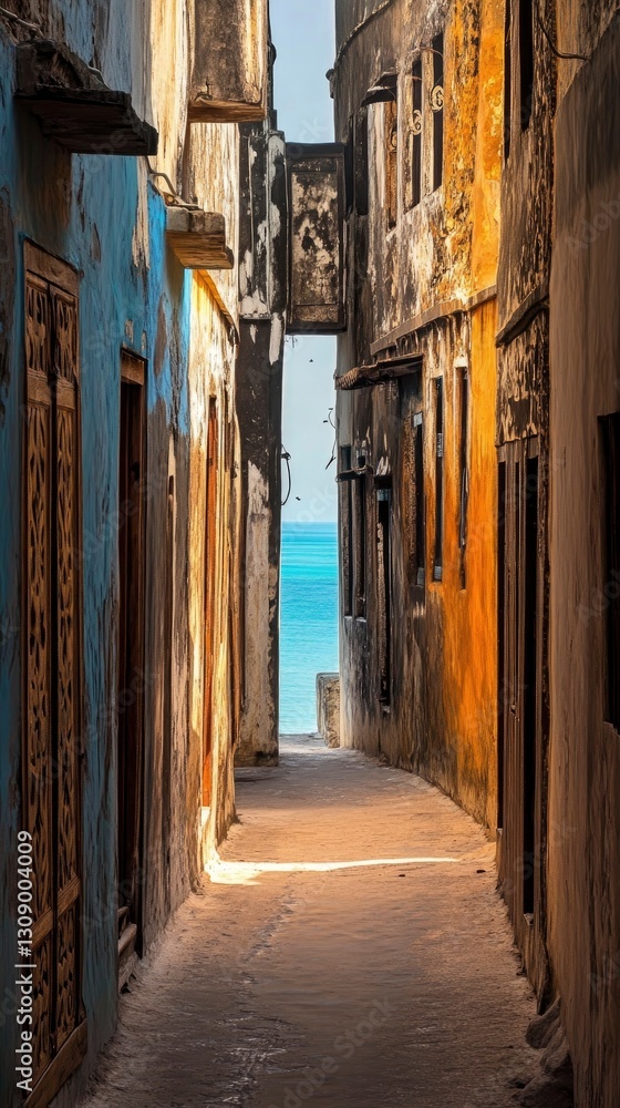 Fototapeta premium A cinematic, atmospheric shot of a narrow alleyway in Zanzibar€™s Stone Town where centuries-old