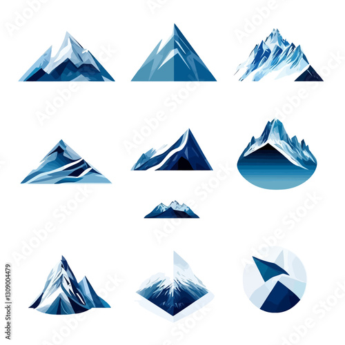 Abstract mountain range icons in shades of blue on white background.