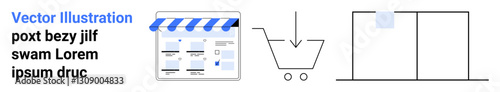 Concept of online shopping with website interface, shopping cart, and warehouse. Ideal for e-commerce, retail, digital marketing, logistics, consumer behavior online business delivery. Landing page