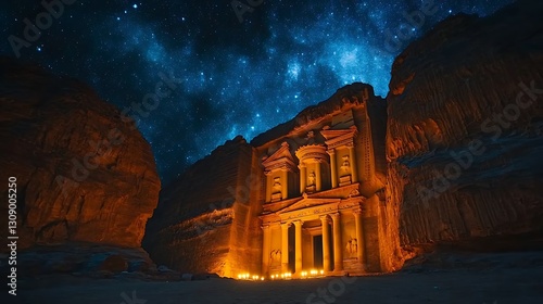 A breathtaking night view of Petra’s Al-Khazneh in silhouette, its ancient structure outlined against a starry desert sky, with flickering torchlight casting shadows along the canyon walls. --ar 16:9