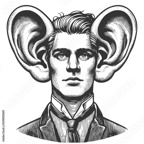 man in vintage attire with exaggeratedly large ears, symbolizing attentive listening or surreal fantasy sketch engraving generative ai vector illustration. Scratch board. Black and white image.