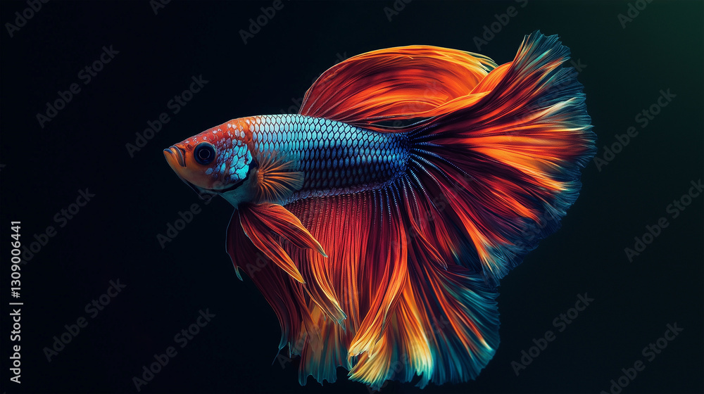 Fototapeta premium A vibrant, multicolored betta fish swims gracefully against a dark background, showcasing its flowing fins and dynamic colors.