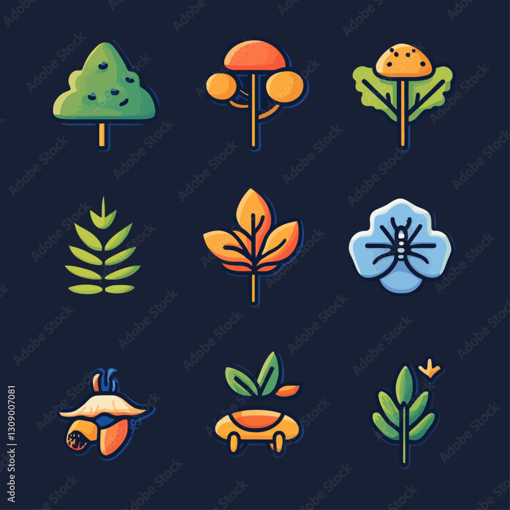 Fototapeta premium Colorful Nature Icons: Trees, Leaves, Flower, and Foliage Illustrations