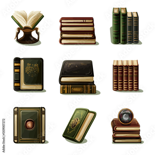 Assorted antique books illustration, vintage reading material stack.