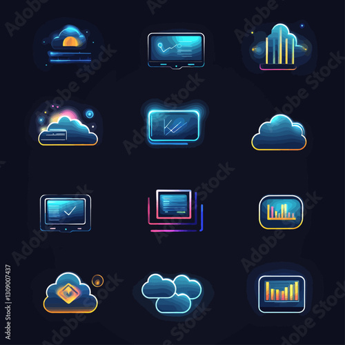 Neon Cloud Computing Icons: Data, Technology, and Business Concepts.