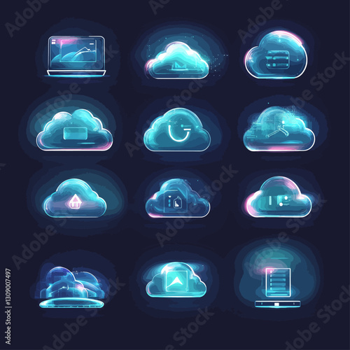 Futuristic Cloud Computing Illustration with Glowing Icons, Data Storage, and Connectivity
