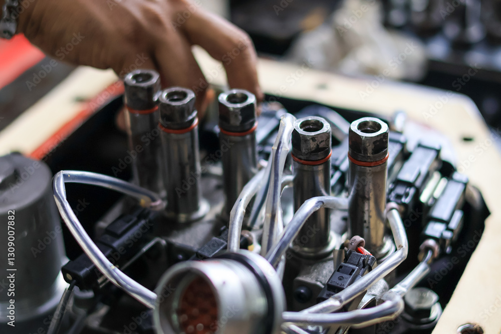 Obraz premium Installing Control Valve Automatic Transmission in workshop services, assembly automatic transmission at Transindo Balikpapan
