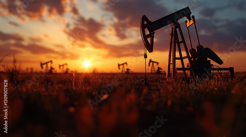 Oil Pump Silhouetted Against Vibrant Sunset in Tranquil Field Landscape photo