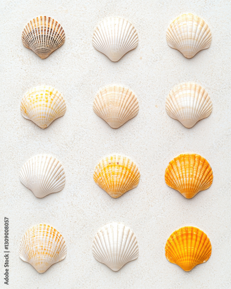 Delicate seashells arranged in grid on smooth surface, showcasing their beauty Delicate seashells arranged in grid on smooth surface, showcasing their beauty