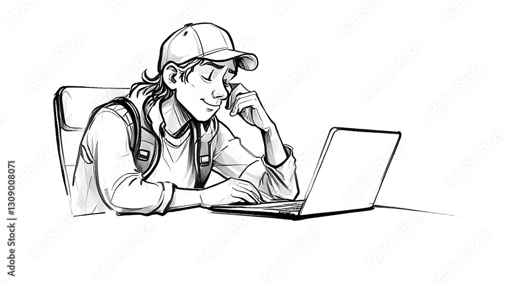 Young person focused on laptop, isolated on transparent background, working on a project with a relaxed expression Young person focused on laptop, isolated on transparent background, working on a project with a relaxed expression