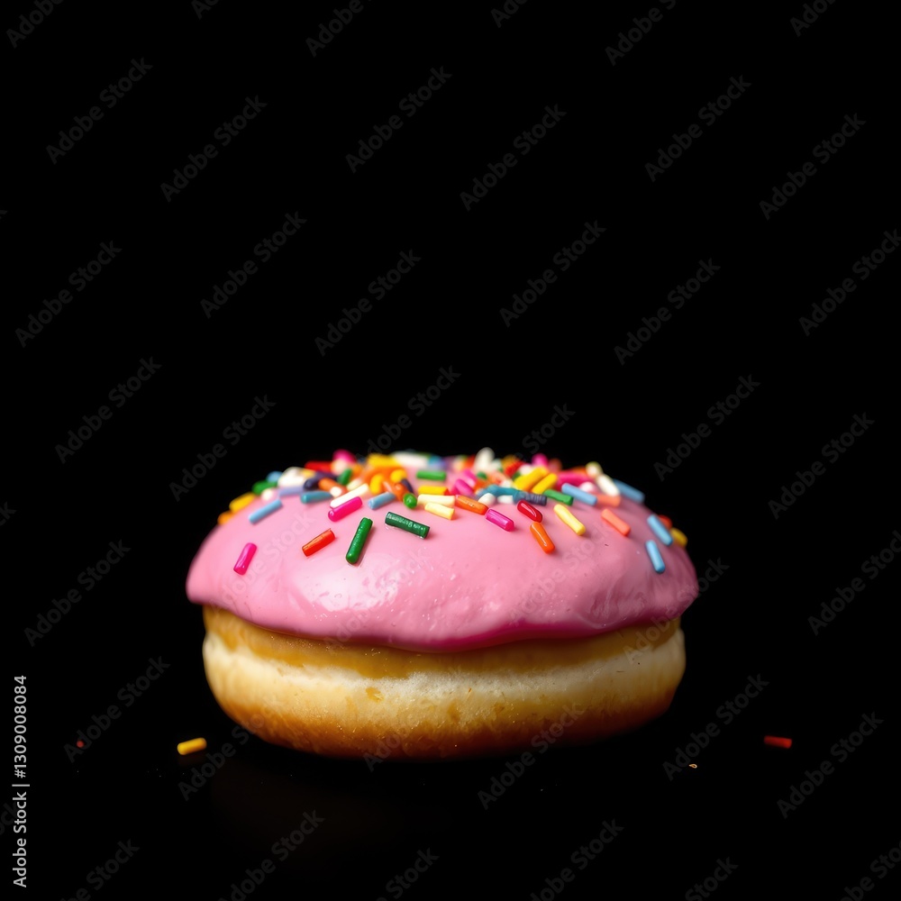 Pink Frosted Donut with Colorful Sprinkles on Black Background Pink Frosted Donut with Colorful Sprinkles on Black Background