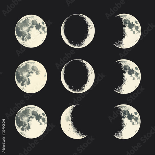 Moon phases in a retro style, astronomy illustration on dark background.