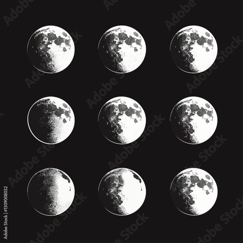 Phases of the Moon Illustration on Black Background, Scientific Graphic