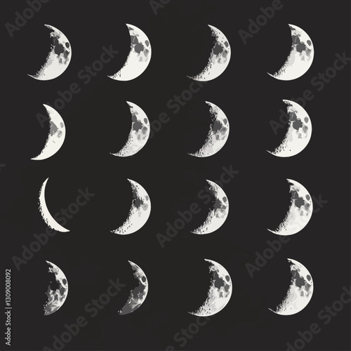 Phases of the Moon on Black Background, Astronomy Celestial Bodies