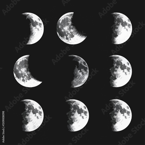 Moon Phases Display on Black Background, Scientific Celestial Concept