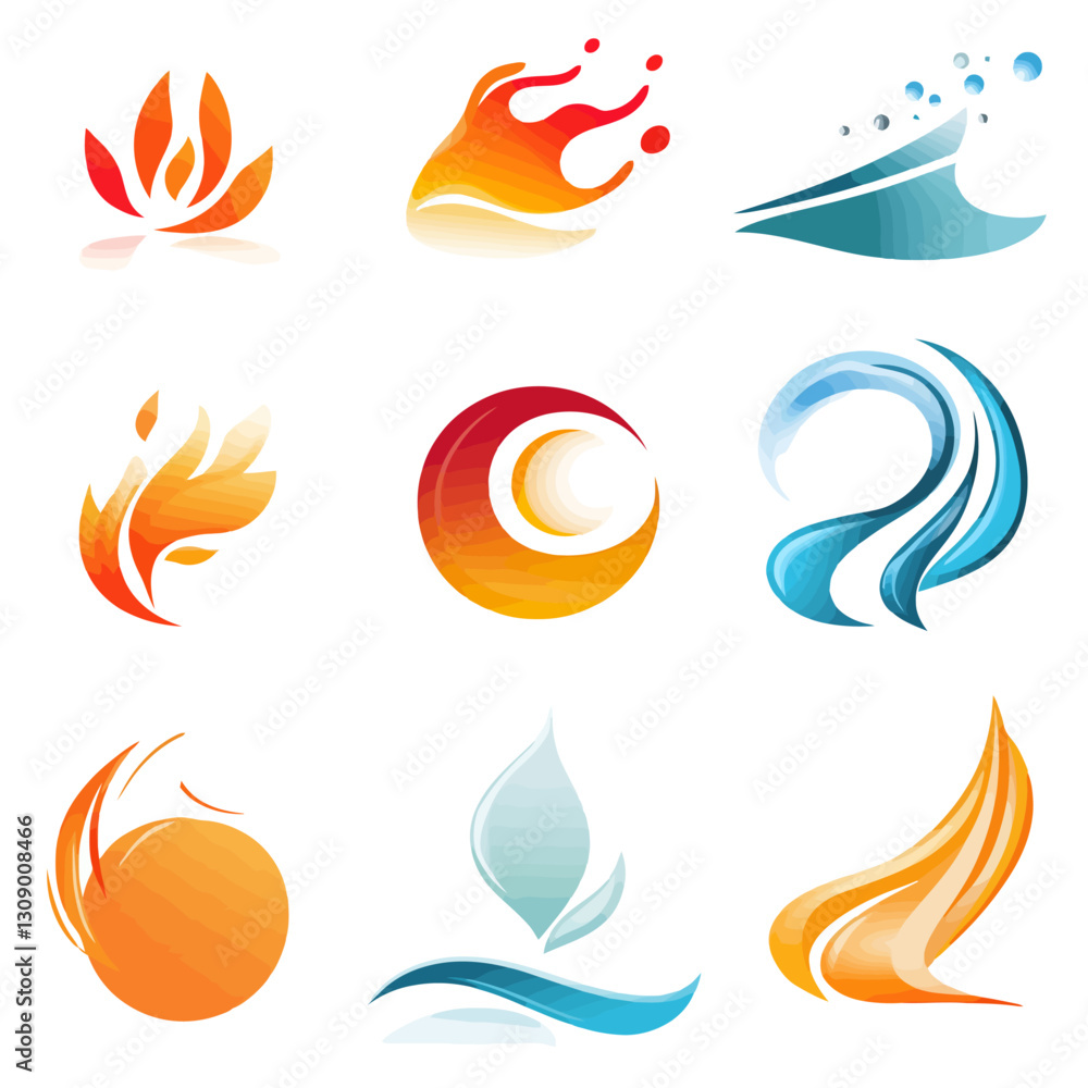 Elemental Logos: Fire, Water, Earth, and Air Icons on White Background Elemental Logos: Fire, Water, Earth, and Air Icons on White Background