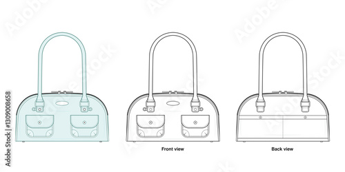 Kawaii Structured Pocket Shoulder Bag Technical Fashion Illustration. Rectangular Handbag Vector Template. Dual Top Handles. Functional Front Pockets. Zip Closure. Casual Everyday Bag. CAD Mockup set.