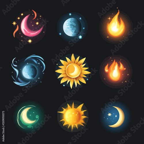 Celestial Elements: Sun, Moon, Fire, Stars, and Space Illustrations