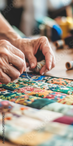 Hands creating intricate patchwork quilt with colorful fabrics in a craft workshop