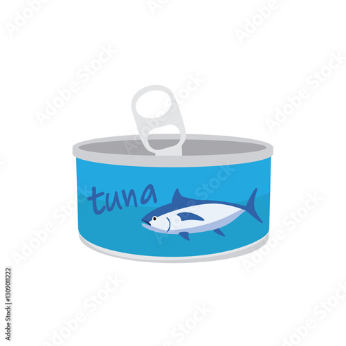Canned tuna can with tuna fish isolated on white background. Seafood. Vector illustration