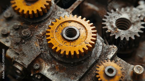 Close-up view of rusty gears showcasing intricate design and aging effects in an industrial setting. Generative AI