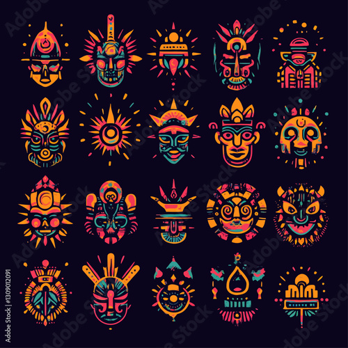 Colorful Aztec Masks Pattern on Dark Background. Geometric Design. Tribal Art.