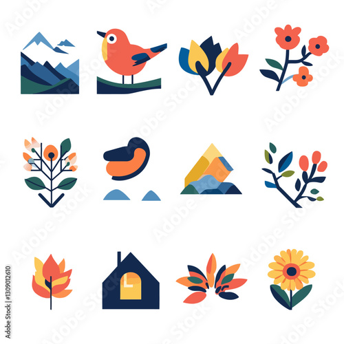 Flat illustration collection of nature elements: birds, flowers, mountains, and home.