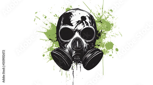 Logo, green gas mask with skull face and white background, graffiti style
