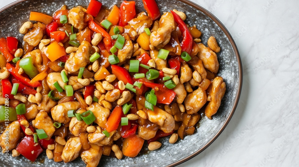 Platter of Chinese kung pao chicken stirfried peanuts chilies and bell peppers garnished with green onions Platter of Chinese kung pao chicken stirfried peanuts chilies and bell peppers garnished with green onions