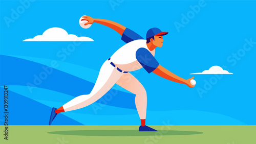 A baseball pitcher winding up for a pitch the bright blue sky overhead.. Vector illustration