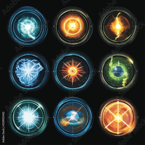 Glowing Energy Cells in Circular Frames on Dark Background